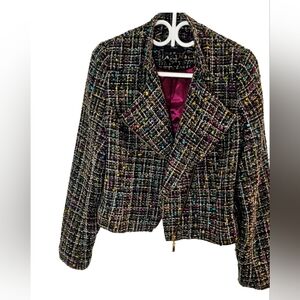[Serrani Italy] Black Multicolor Tweed Asymetrical Gold Zipper Cropped Blazer 10